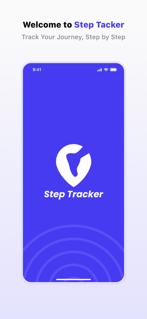 Step Tracker - Walk Watch - Pantalla de bienvenida de la aplicación Step Tracker que muestra el logo de la huella y texto introductorio en una maqueta de iPhone