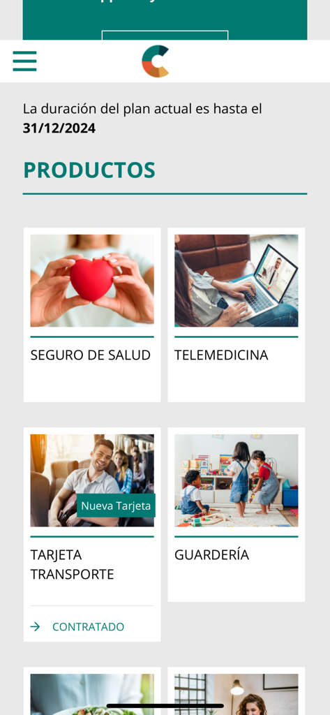 Pantalla de la aplicación Mi Compensación mostrando varios beneficios corporativos como seguro de salud, telemedicina, tarjetas de transporte y guardería.