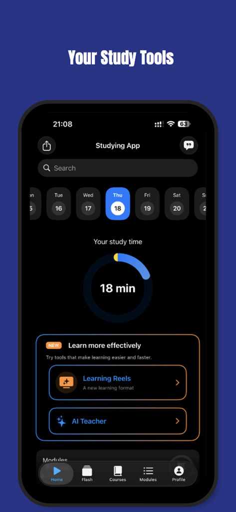 La schermata principale dell'app Studiare che mostra un tracker giornaliero del tempo di studio e l'accesso agli strumenti di apprendimento AI.