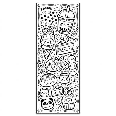Indulge in sweet creativity with this adorable Kawaii Food & Sweets bookmark coloring page. Featuring charming Japanese-inspired treats, it's perfect for a quick, delightful coloring session and personalizing your favorite books.