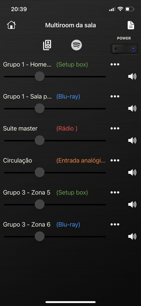 Multiroom - User interface of the Multiroom app displaying volume sliders and source options for different home audio zones.