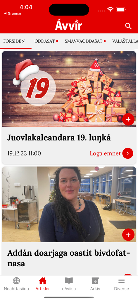 Avvir - Mobile app interface of the Avvir newspaper featuring news articles in Northern Sami language and a bottom navigation menu.