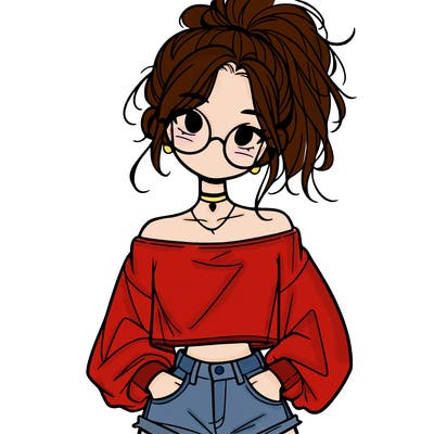 girl with a messy ponytail glasses a baggy crop top and jean shorts