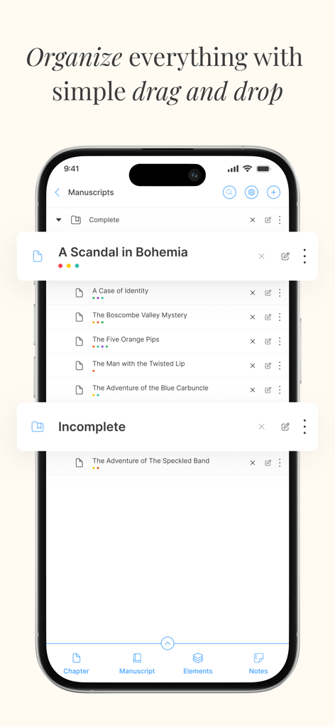 LivingWriter: Write Anywhere - LivingWriter app interface showing manuscript organization with drag and drop folders on an iPhone