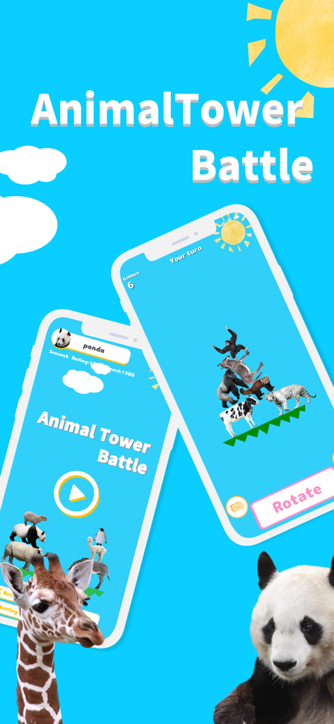 AnimalTower Battle - Animal Tower Battle mobile game interface with realistic animals stacked in a tower