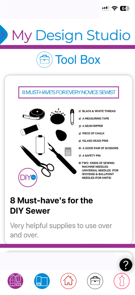 My DIY Fashion Design Studio - Um guia de caixa de ferramentas digital listando oito suprimentos essenciais de costura para costureiras iniciantes dentro do aplicativo Meu Estúdio de Design de Moda DIY.