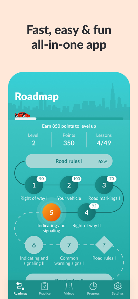 Zutobi: Permit & Driving Prep - Hoja de ruta de aprendizaje gamificada en la aplicación Zutobi que muestra el progreso a través de las lecciones de manejo.