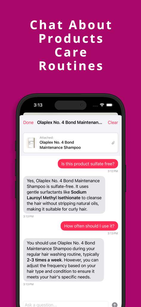Curly Hair Scanner & Care Plan - AI chatbot interface providing detailed hair product ingredient analysis and personalized care routine advice for curly hair.
