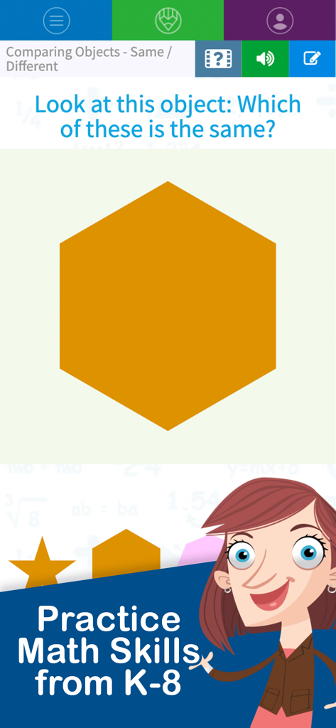 Math Games by TeachMe - An educational game interface showing a geometry puzzle where children identify matching shapes like hexagons and stars