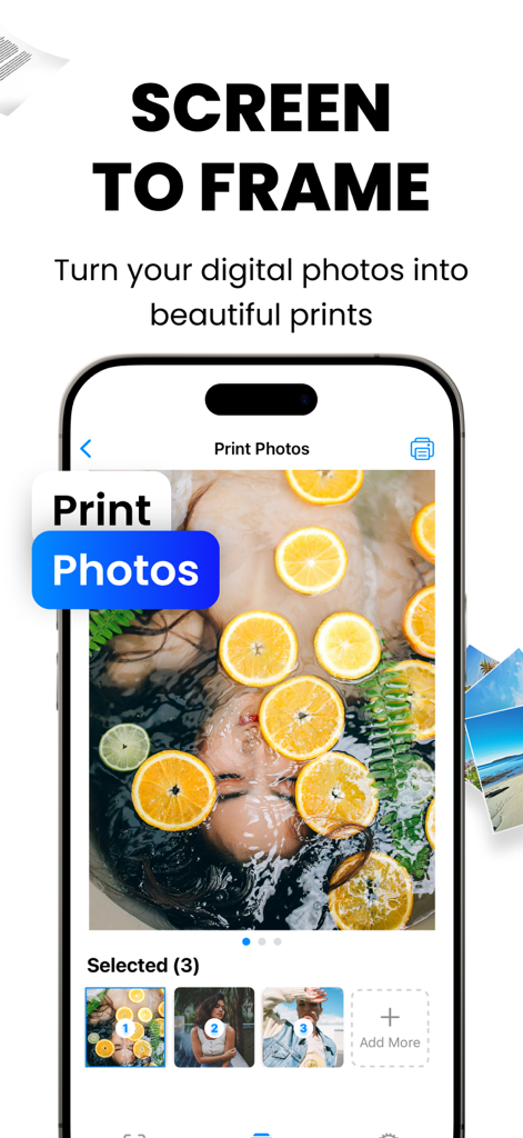 Interfaccia dell'app Air Printer che mostra la selezione e la funzione di stampa delle foto