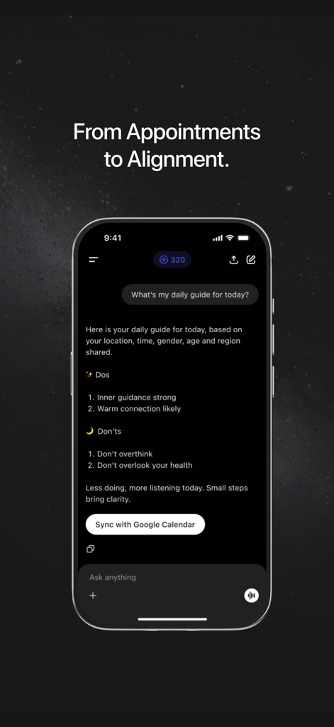GodGPT app interface showing a daily guide with spiritual advice and a sync button for Google Calendar