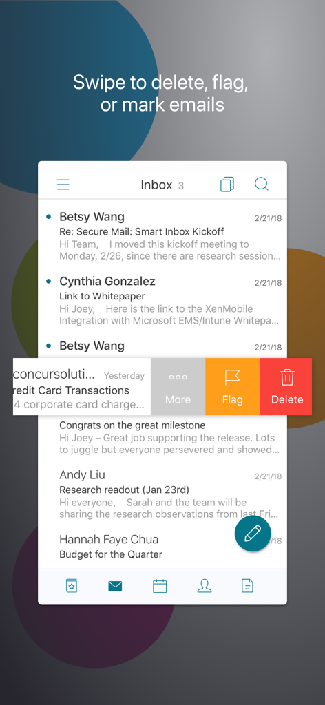 Citrix Secure Mail - Vista della posta in arrivo di Citrix Secure Mail che mostra le azioni di scorrimento per eliminare e contrassegnare le email