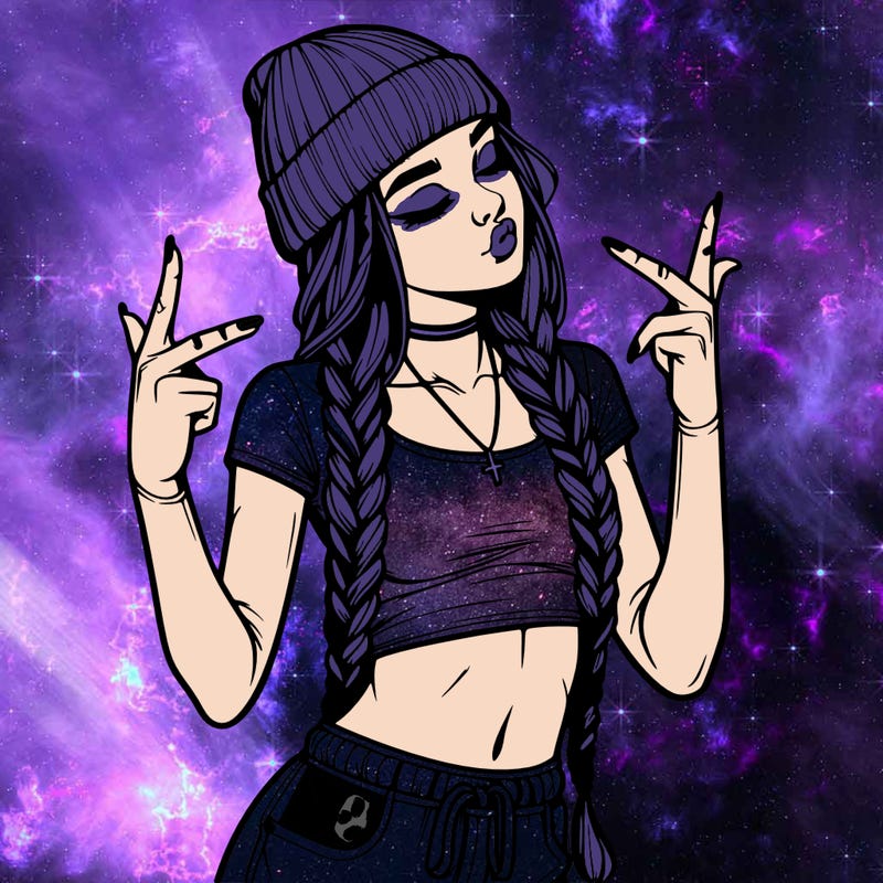 realistic teenage girl with braids and a beanie and crop top doing 🫶🏼