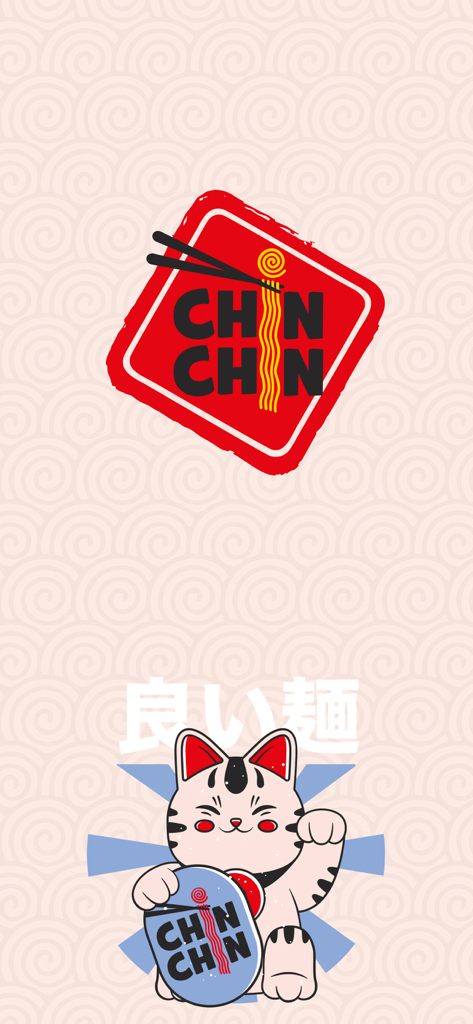 Chin Chin MD - Tela inicial do aplicativo Chin Chin MD com o logotipo da marca e um gato da sorte segurando uma placa de restaurante