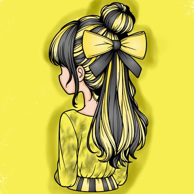 realistic girl  with hip length hair a bun and a big bow on the back of head