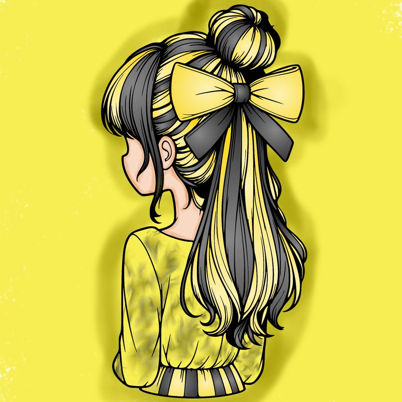 realistic girl  with hip length hair a bun and a big bow on the back of head