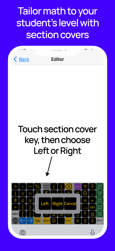 ArithmeType app interface showing how to customize the math keyboard using section covers for different student levels