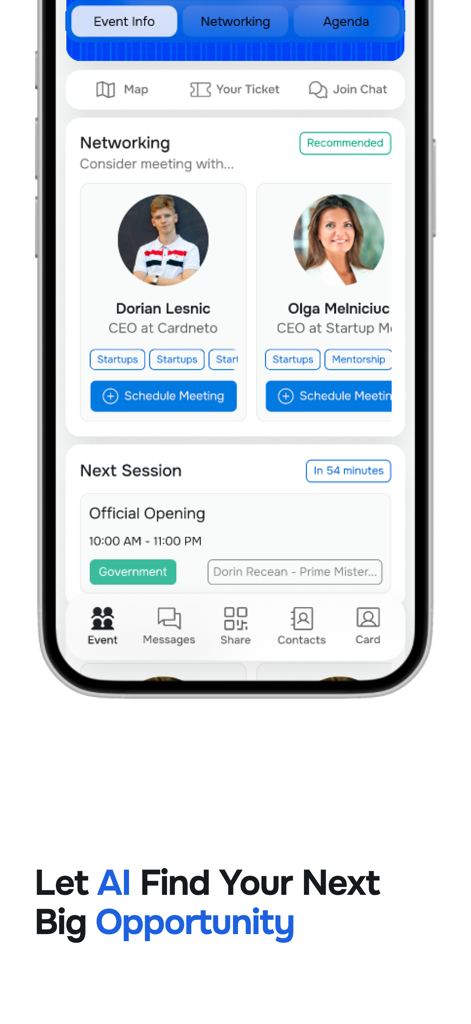 Cardneto – Event Networking - Schermata dell'app Cardneto che mostra raccomandazioni di networking professionale basate sull'IA e pianificazione degli incontri