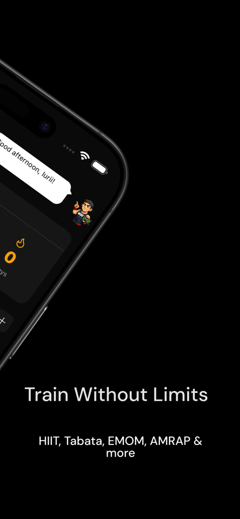 Qrep Intervall-Timer App-Bildschirm mit Workout-Modi für HIIT Tabata EMOM und AMRAP mit einem Cartoon-Coach