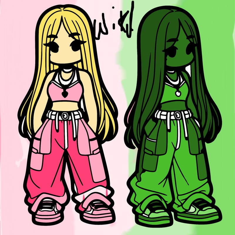 girl in baggy pants crop top and long hair