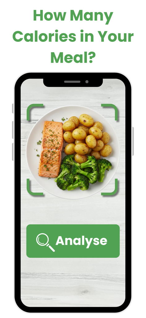 Food Calorie Scanner · AI - AI food scanner app interface showing a meal analysis of salmon potatoes and broccoli on a plate