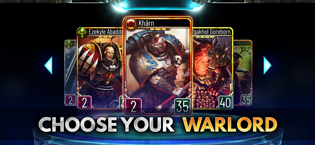 Pantalla de selección de Señor de la Guerra en el juego de cartas Warhammer Horus Heresy Legions con personajes como Kharn y Ezekyle Abaddon.
