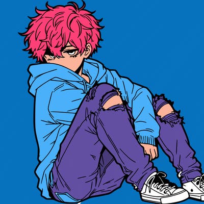 a male hoddie ripped jeans messy hair anime