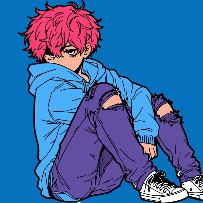 a male hoddie ripped jeans messy hair anime