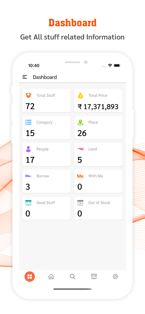My Stuff Personal Organizer - Dashboard of My Stuff Personal Organizer app showing inventory stats like total items categories and total price