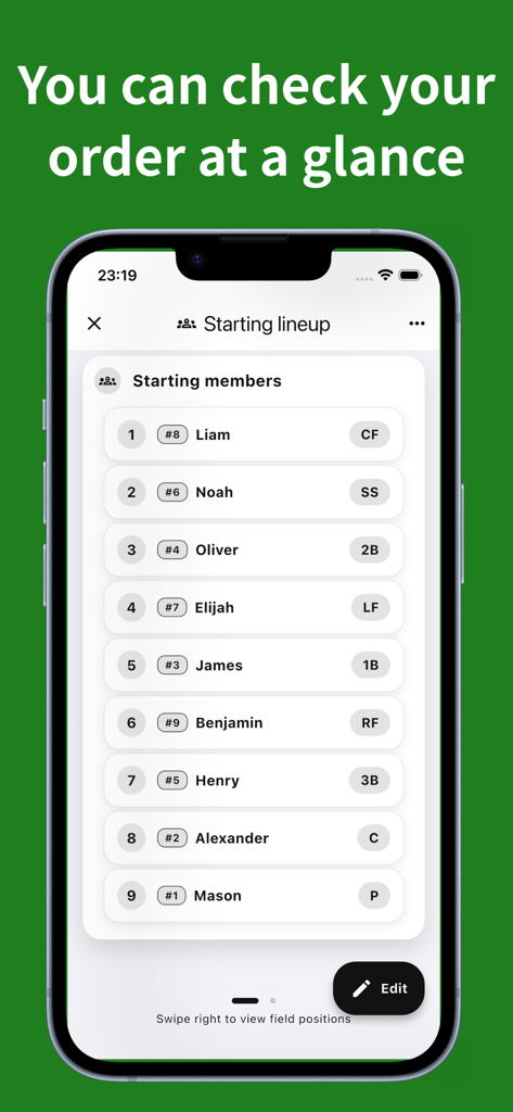 Baseball Lineup Maker - A mobile screen showing the baseball starting lineup with names, numbers, and field positions.