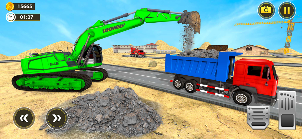 Heavy Excavator Dump Truck 3D - Uma escavadeira verde carregando terra em um caminhão basculante vermelho em um canteiro de obras 3D.