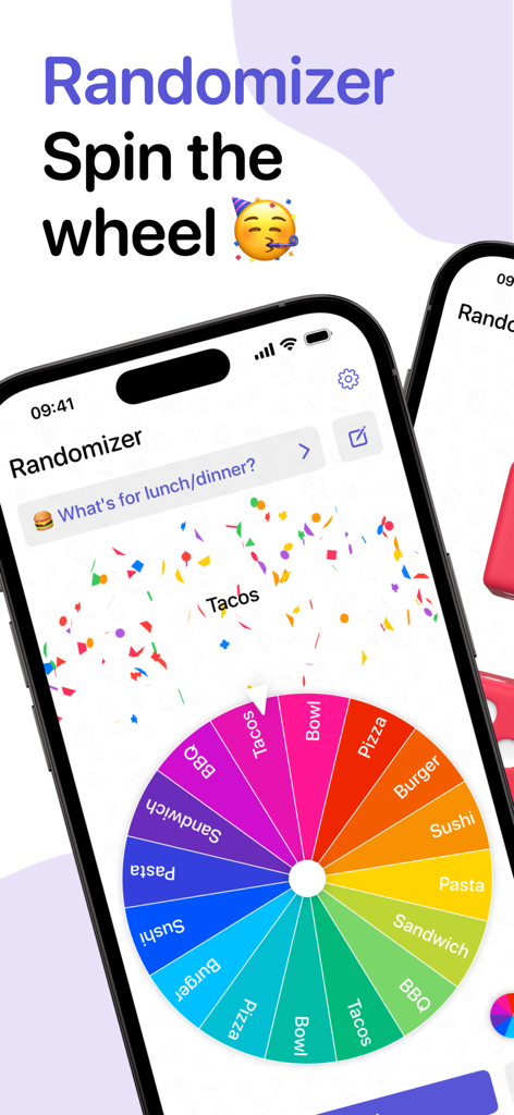 Spin the Wheel - Randomizer - A colorful digital decision wheel in the Spin the Wheel app used for choosing food options like tacos and pizza.