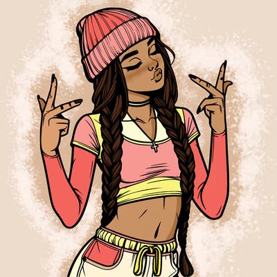 realistic teenage girl with braids and a beanie and crop top doing 🫶🏼