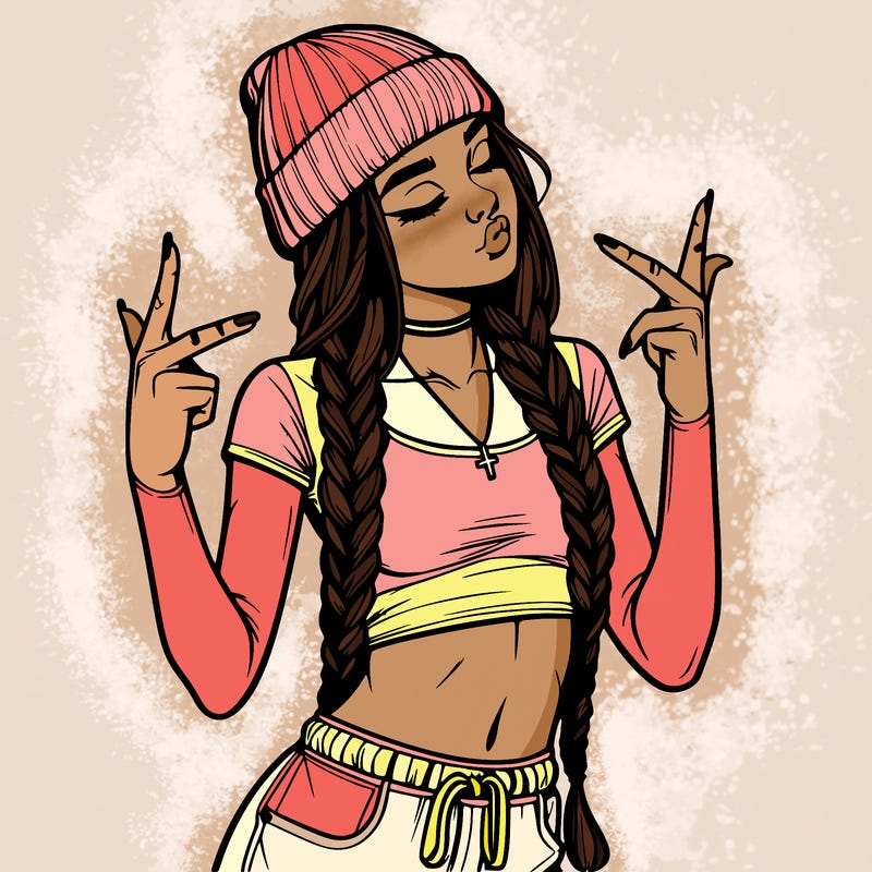 realistic teenage girl with braids and a beanie and crop top doing 🫶🏼