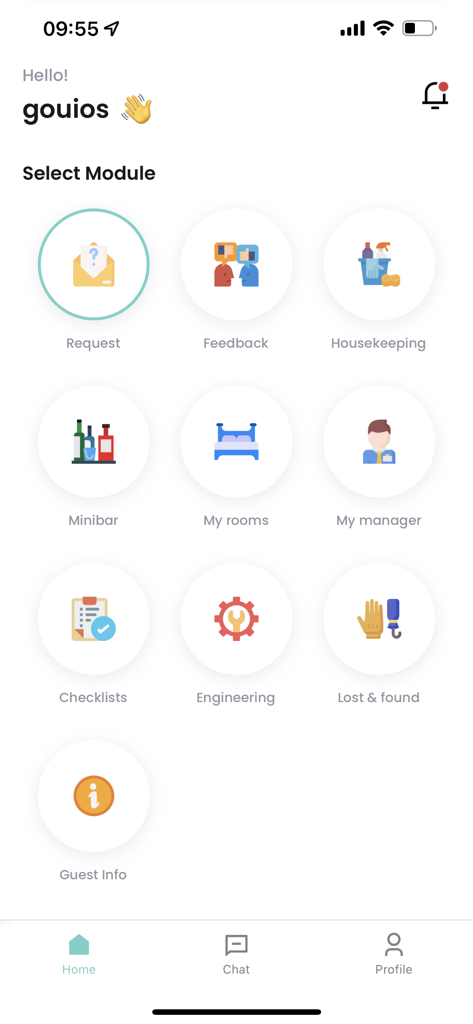 The home screen of HotLync NEOS app showing various hotel management modules like housekeeping and engineering.