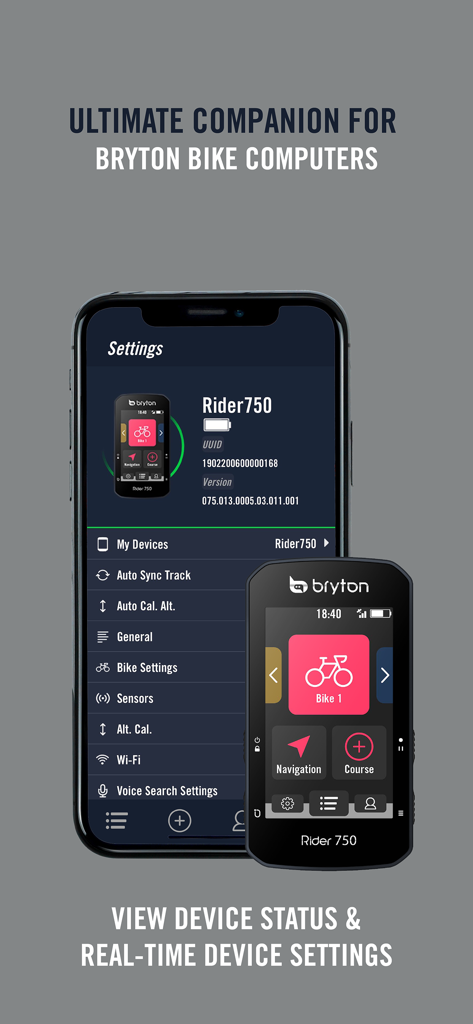 Bryton Active - Bryton Active app interface showing real-time settings for a Rider 750 cycling computer