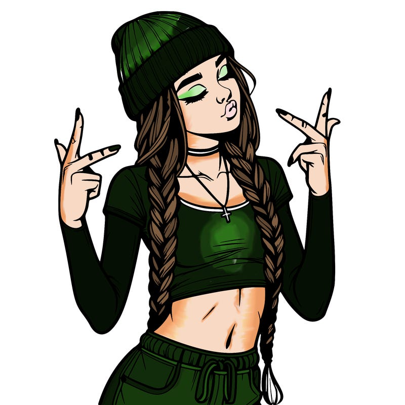 realistic teenage girl with braids and a beanie and crop top doing 🫶🏼