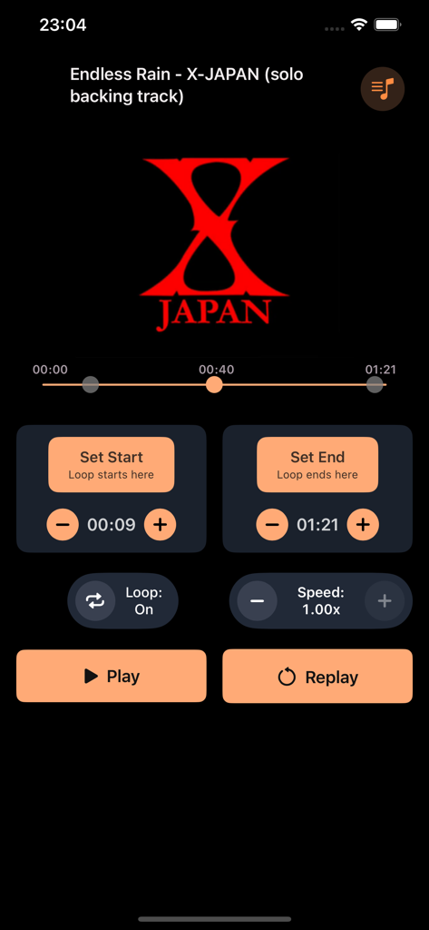 Loopit – Learn by Looping - Loopit app interface for setting loop points and adjusting playback speed for a guitar solo backing track