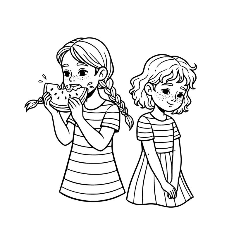 two ten year old sisters. one eating a watermelon and the other other sister blushing  in a shy way
