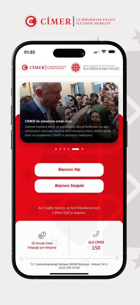Cimer Mobil app home screen displaying buttons for making and tracking official applications to the Turkish government