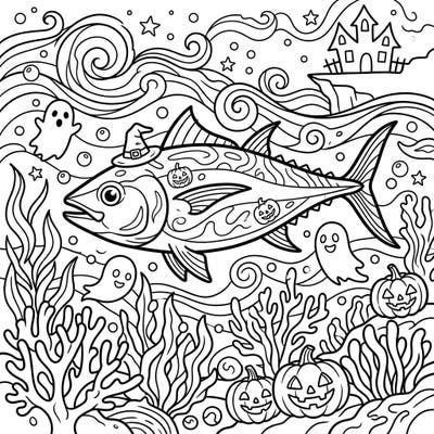 Discover a fin-tastic prehistoric Halloween with this unique Stenopterygius coloring page. Adorned with a witch hat and surrounded by playful ghosts, it’s a delightful blend of ancient sea and spooky season fun.