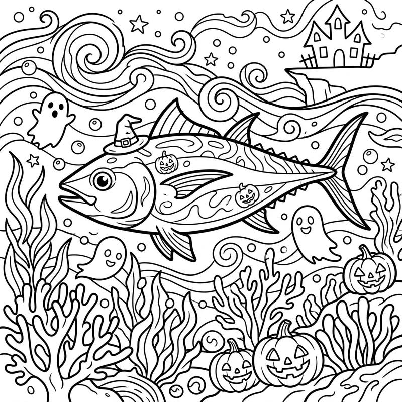 Discover a fin-tastic prehistoric Halloween with this unique Stenopterygius coloring page. Adorned with a witch hat and surrounded by playful ghosts, it’s a delightful blend of ancient sea and spooky season fun.