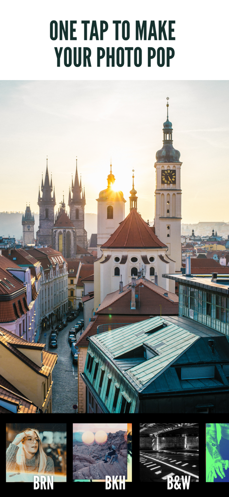 1967: Retro Filters & Effects - Interfaz de la aplicación 1967 Retro Filters mostrando un paisaje urbano al atardecer y opciones de filtros vintage