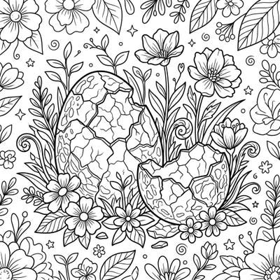 Embark on a creative journey with our unique dinosaur egg shells coloring page, beautifully blended with vibrant spring elements. This intricate design invites colorists of all ages to explore ancient textures amidst blooming flora.