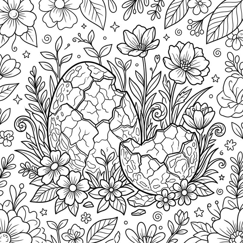 Embark on a creative journey with our unique dinosaur egg shells coloring page, beautifully blended with vibrant spring elements. This intricate design invites colorists of all ages to explore ancient textures amidst blooming flora.