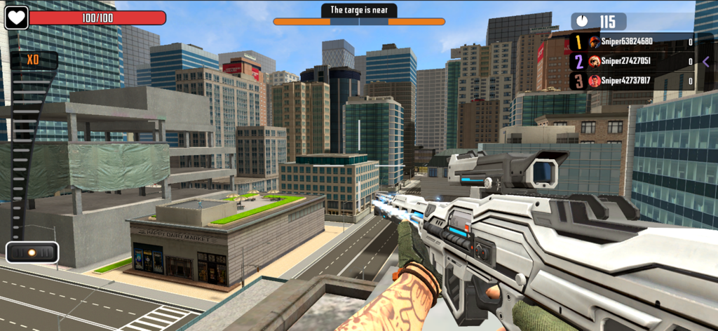 First person view of a futuristic sniper rifle overlooking a 3D city landscape