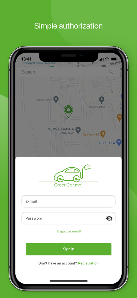 Greencar.me Charge - Pantalla de autorización sencilla para la aplicación Greencar.me Charge que muestra un formulario de inicio de sesión sobre un mapa
