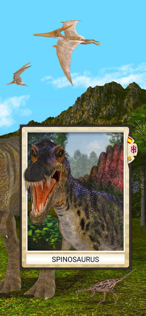 Dinosaurs & Ice Age Animals - A digital learning card showing a Spinosaurus dinosaur in a prehistoric landscape