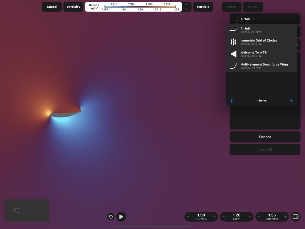 Wind Tunnel Simulation - Simulación aerodinámica en un iPad que muestra la distribución de densidad y el flujo de aire alrededor de un perfil aerodinámico personalizable