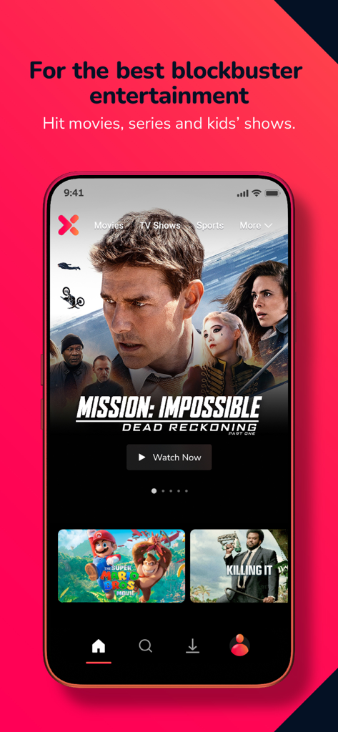 Showmax - Pantalla de la aplicación Showmax mostrando películas de éxito y series internacionales en un dispositivo móvil.